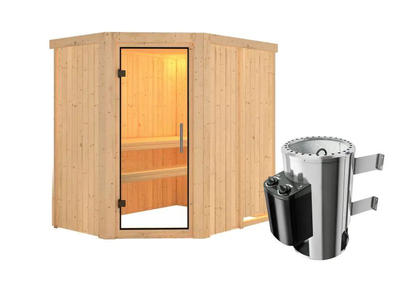 Sauna "Ole" SET mit Klarglastür & Ofen 3,6 kW - 151 x 196 x 198 cm (B x T x H)