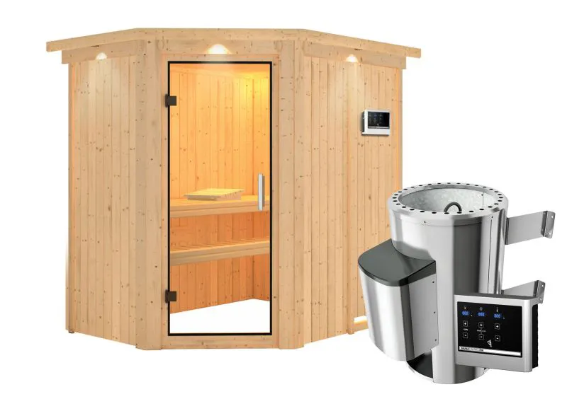 Sauna "Ole"  SET mit Klarglastür und Kranz - Farbe: Natur, Ofen externe Steuerung easy 3,6 kW - 165 x 210 x 202 cm (B x T x H)