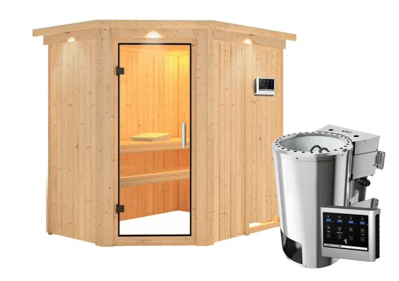Sauna "Ole" SET mit Klarglastür, Kranz & Ofen BIO 3,6 kW - 165 x 210 x 202 cm (B x T x H)