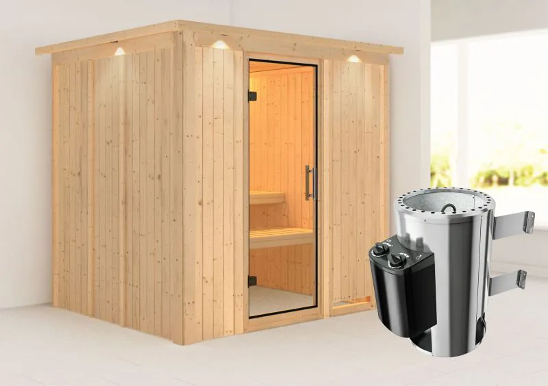 Sauna "Agnar" SET mit Klarglastür, Kranz & Ofen 3,6 kW - 210 x 184 x 202 cm (B x T x H)