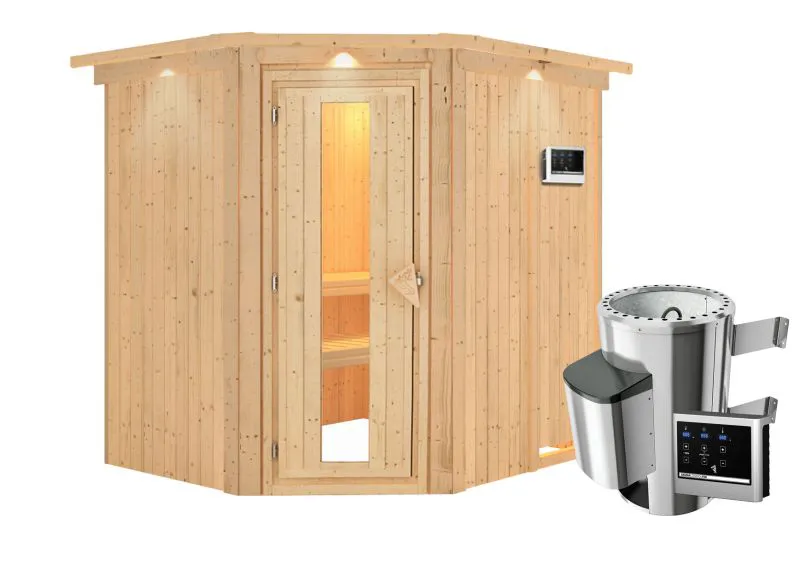 Sauna "Askjell" SET mit Energiespartür und Kranz - Farbe: Natur, Ofen externe Steuerung easy 3,6 kW - 210 x 184 x 202 cm (B x T x H)