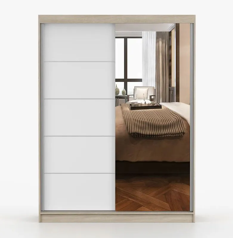 Kleiderschrank / Schiebetürenschrank | Weiß / Sonoma Eiche | Bucegi  19 | mit Spiegel | 2 Türen | Griffe: Aluminium | 200 x 150 x 61 | 6 Fächer