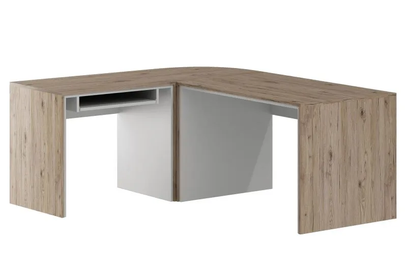 Schreibtisch / Eckschreibtisch Cianjur 03, Tastaturfach links, Farbe: Eiche / Weiß - Abmessungen: 77 x 160 x 180 cm (H x B x T)
