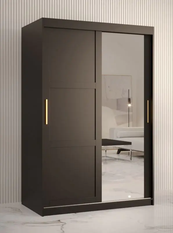 Stylischer Kleiderschrank mit einer Spiegeltür Liskamm 32, Farbe: Schwarz matt - Abmessungen: 200 x 120 x 62 cm (H x B x T), mit fünf Fächern