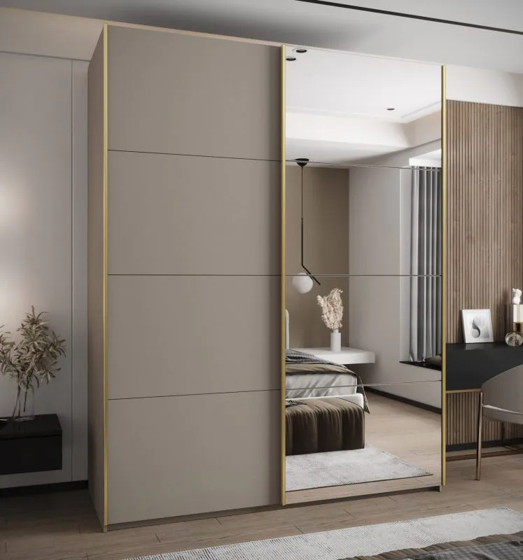 Kleiderschrank / Schiebetürenschrank | 245,5 x 200 x 64 cm | Spiegel | Soft-Close | 2 Kleiderstangen | 2 Schiebetüren | 11 Fächer | Farbe: Kaschmir