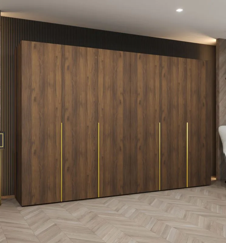 Kleiderschrank mit vier Kleiderstangen | Farbe: Walnuss | 3 Meter breit | vier Fächer | vier Türen | Soft-Close-Funktion | Griffe: Gold | für Schlafzimmer