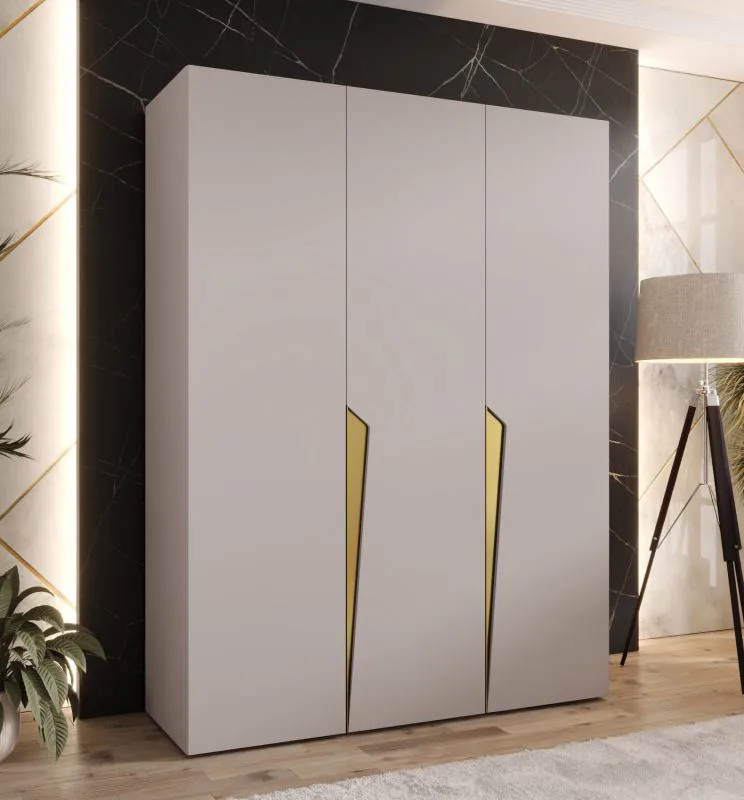 Drehtürenschrank / Kleiderschrank | Farbe: Kaschmir | 3-Türig | Griffe: Gold | 2 Fächer | 2 Kleiderstangen | Maße: 150 x 52 x 202 cm | Soft-Close-Funktion