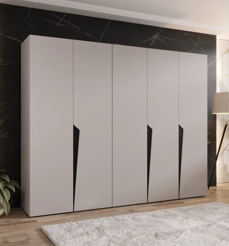 Kleiderschrank | Farbe: Kaschmir | 5-Türig | 3 Fächer | Griffe: Schwarz | 3 Kleiderstangen| Soft-Close-Funktion | Maße: 250 x 52 x 202 cm | ABS-Kanten