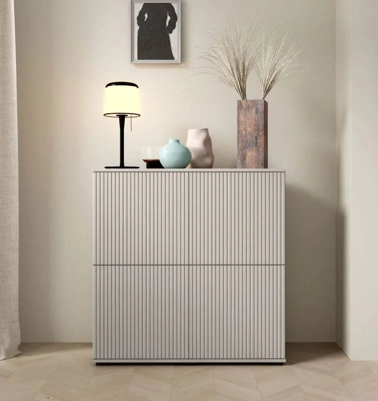Kommode | Kaschmir | 4 Drehtüren | Push-to-open Funktion | hochwertige Verarbeitung | 8 Fächer | Maße: 100 x 40 x 102 cm | Lamellen Front | für Wohnzimmer