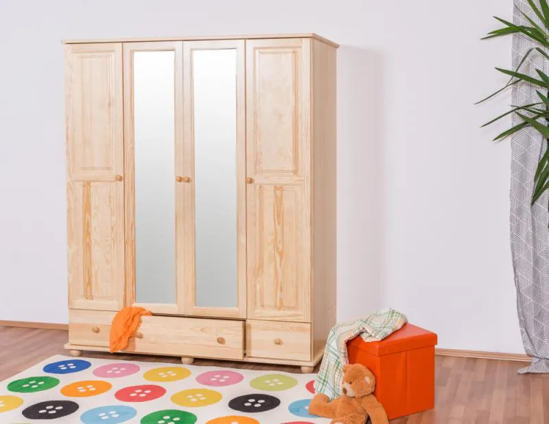 Schlafzimmer - Kleiderschrank mit Spiegel, Kiefer Massivholz natur - Abmessung: 195 x 162 x 60 cm (H x B x T) Abbildung