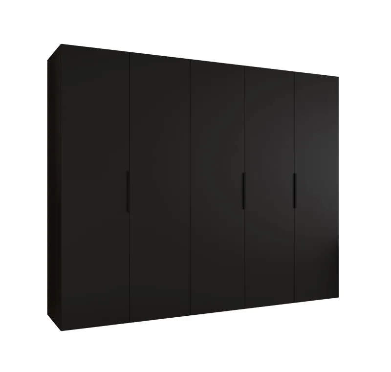 Drehtürenschrank / Kleiderschrank mit fünf Türen Korab 39, Farbe: Schwarz, 2,5 Meter breit, Griffe: Schwarz, drei Kleiderstangen, Soft-Close-Funktion