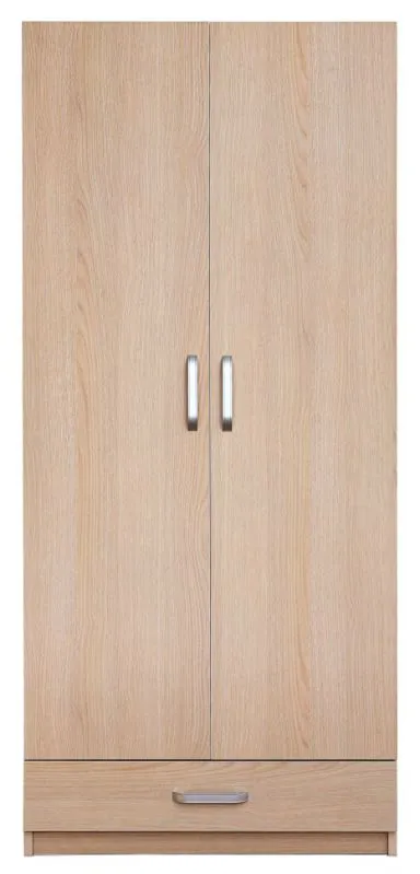 Kleiderschrank | 2 Drehtüren | 1 Schublade | 6 Fächer | mit Kleiderstange | 80 cm breit | Farbe: Sonoma Eiche Abbildung