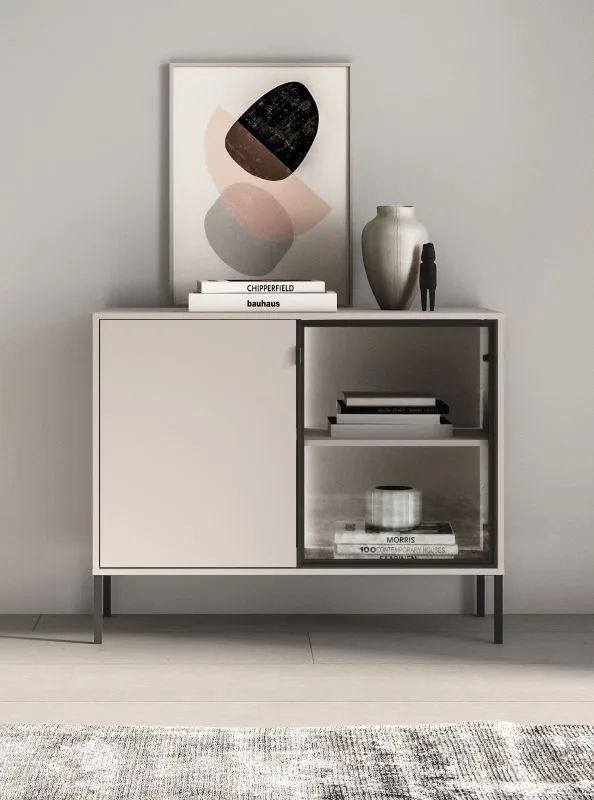 Kommode | klein | Kaschmir | 1 Glastür mit Aluminiumrahmen | 4 Fächer | inkl. LED-Beleuchtung | Push-to-open Funktion | 107 x 40 x 86 cm | Beine: Metall