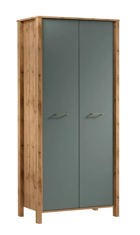 Kleiderschrank Braianik 28, Eiche Wotan / Grün, 200 x 90 x 53 cm mit 1 Kleiderstange, 2 Türen, 2 Einlegeböden, 2 Fächer, Füße: 36 mm dick, ABS