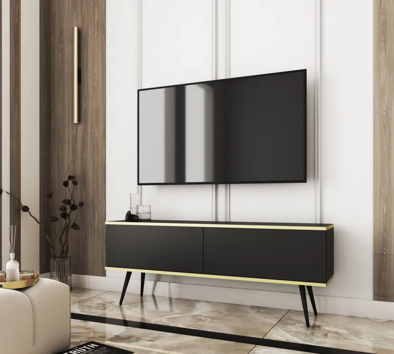 Einfacher TV-Unterschrank / TV-Möbel mit Push-to-open Funktion Horsham 27, Farbe: Schwarz, hängend montierbar, Beine: Schwarz, zwei Kippfächer