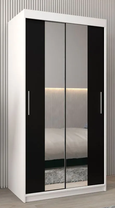 Schiebetürenschrank / Kleiderschrank Bisaurin 1B mit Spiegel, Farbe: Weiß matt / Schwarz - Abmessungen: 200 x 100 x 62 cm ( H x B x T)