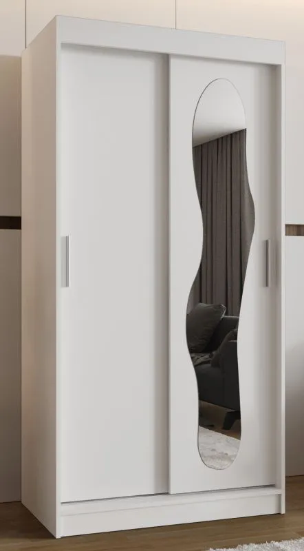 Schiebetürenschrank Lagginhorn 02, Farbe: Weiß, 1 Meter breit, Aluminiumschienen, eine Spiegeltür, Kleiderschrank, fünf Fächer, zwei Kleiderstangen