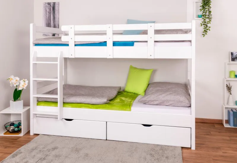 Stockbett für Erwachsene "Easy Premium Line" K20/n inkl. 2 Schubladen und 2 Abdeckblenden, Kopf- und Fußteil gerade, Buche Vollholz massiv Weiß - Liegefläche: 90 x 200 cm, teilbar