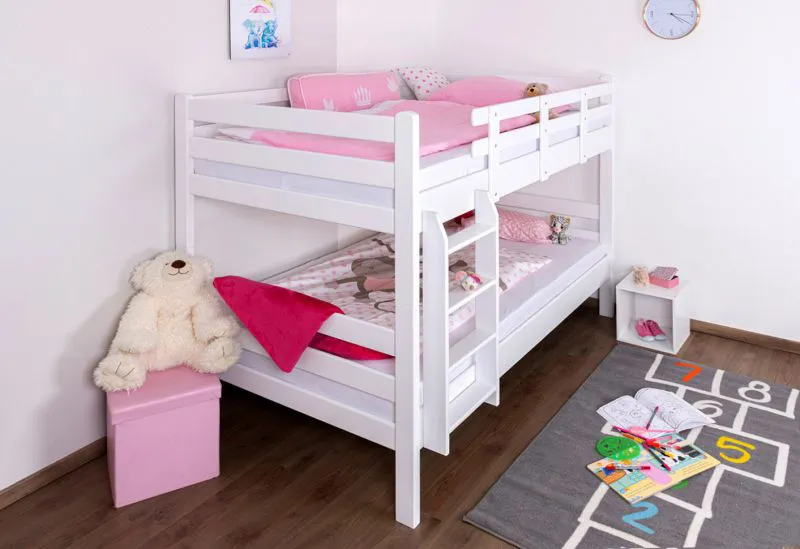 Etagenbett für Kinder 120 x 200 cm | Massivholz: Buche | Weiß Lackiert | umbaubar in 2 Einzelbetten | inkl. Rollroste Abbildung