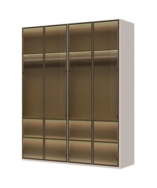 Moderner Drehtürenschrank mit vier Glastüren Neiafu 11, inkl. Innenbeleuchtung, Farbe: Kaschmir, Soft-Close-Funktion, Maße: 224 x 182 x 56 cm