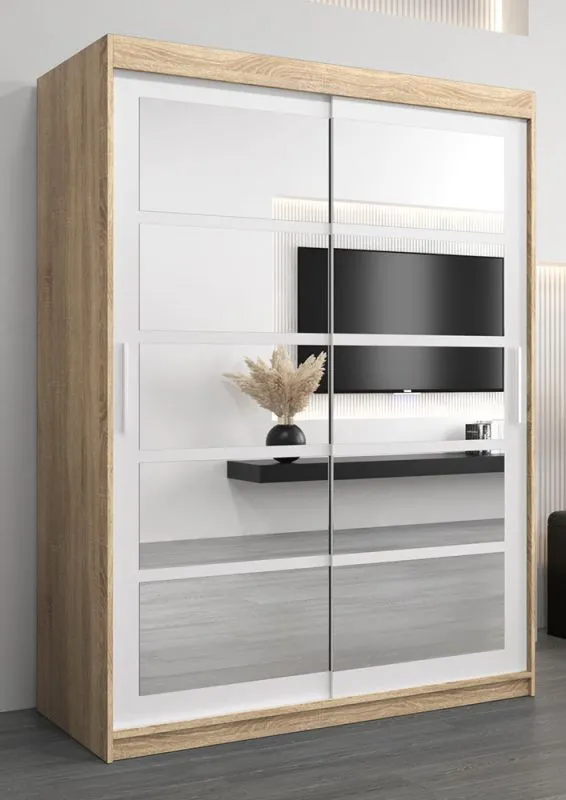 Schiebetürenschrank / Kleiderschrank Aizkorri 03B mit Spiegel, Farbe: Eiche Sonoma / Weiß matt - Abmessungen: 200 x 150 x 62 cm (H x B x T)
