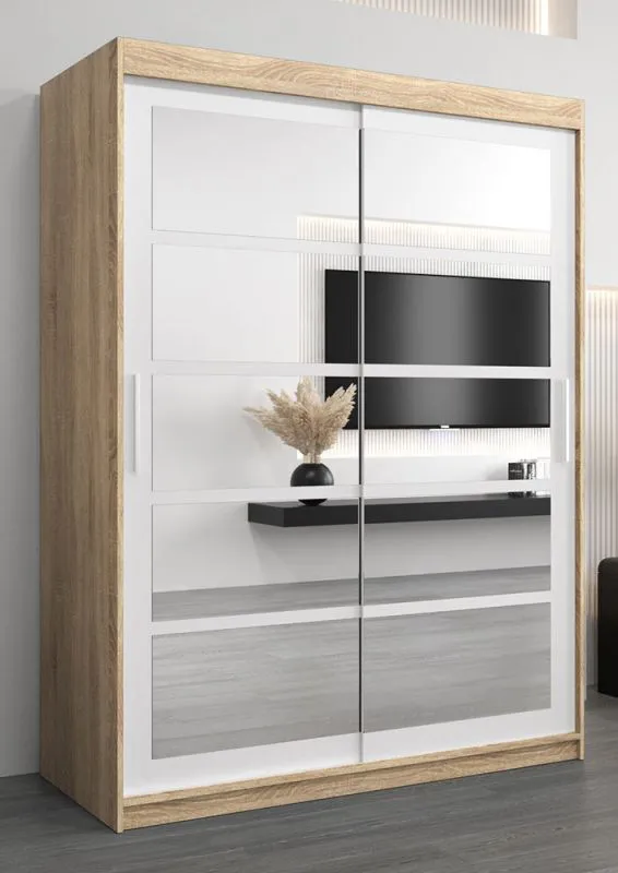 150 cm breiter Schiebetürenschrank mit 2 Türen | 5 Fächer | 2 Kleiderstangen | Farbe: Sonoma Eiche / Weiß Abbildung