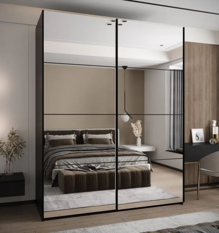 Kleiderschrank / Schiebetürenschrank | 11 Fächer | 245,5 x 200 x 64 cm | 2 Schiebetüren | 2 Kleiderstangen | Soft-Close | Farbe: Schwarz | Spiegel