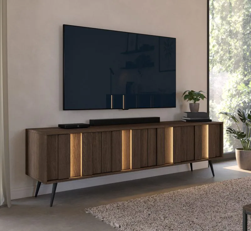 TV-Unterschrank | Farbe: Eiche Dunin | inkl. LED-Beleuchtung | 183 x 40 x 54 cm | 4 Türen | Soft-Close Funktion | 4 Fächer | schlanke Metallbeine | TV-Möbel