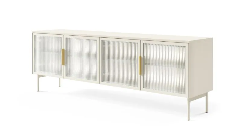 TV-Unterschrank Chaabane 04 | Farbe: Kaschmir | vier Glastüren | inkl. LED-Beleuchtung | ABS-Kantenschutz | Maße: 61,6 x 181 x 39 cm | Griffe & Beine: Metall