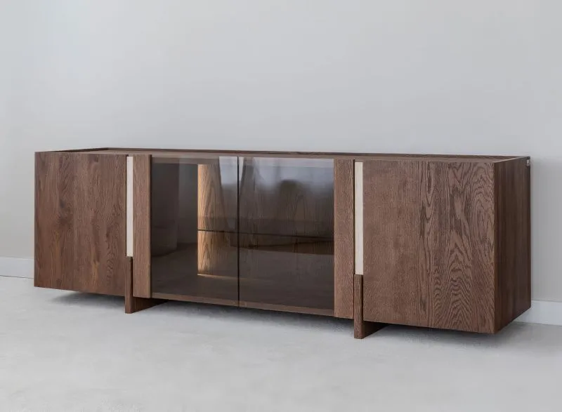 TV-Unterschrank | Farbe: Tabacco | 4 Türen | Massivholz | Eichenholz geölt | Travertin Stein | 180 x 46 x 56 cm | 6 Fächer | inkl. LED-Beleuchtung