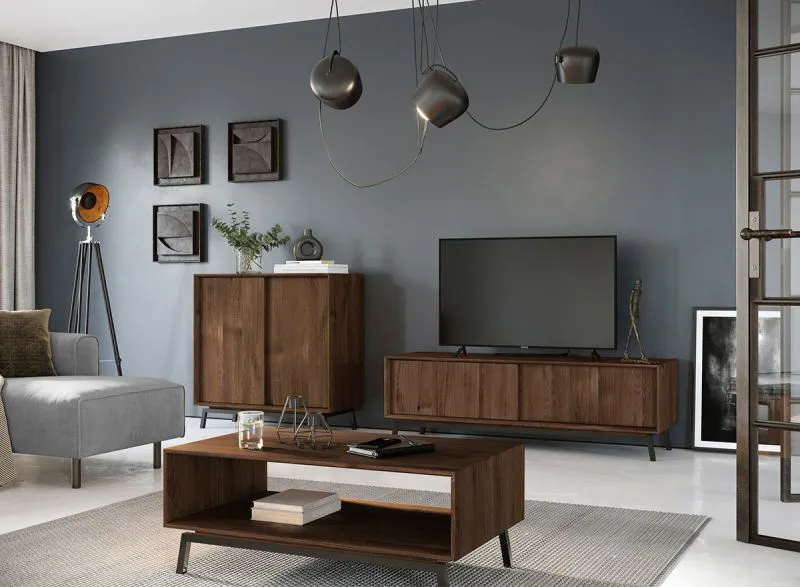 Wohnzimmer Komplett - Set A Salleron, 3-teilig, Eiche massiv geölt, in Tabacco, ein TV-Unterschrank, eine Kommode, ein Couchtisch