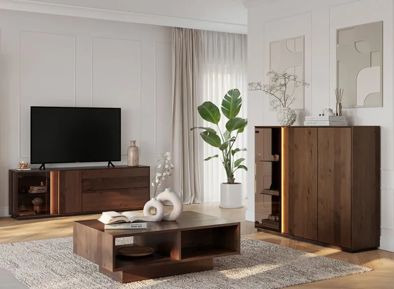Wohnzimmer Komplett - Set E Sienne, 3-teilig, Massivholz Wildeiche, getöntes Glas, in Tabacco geölt, inkl. LED-Beleuchtung, Push-to-open Funktion