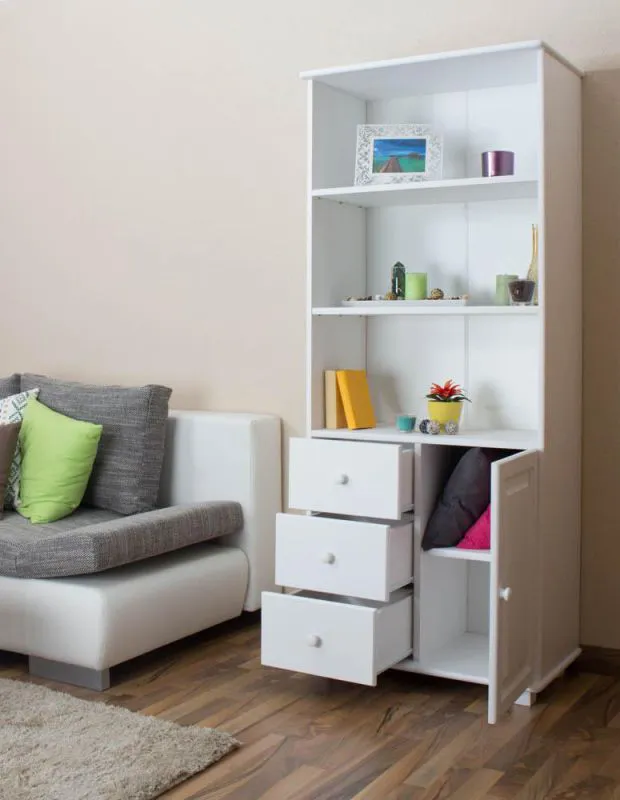 Regal, Küchenregal, Wohnzimmerregal, Bücherregal - 80 cm breit, Kiefer Holz-Massiv, Farbe: Weiß Abbildung