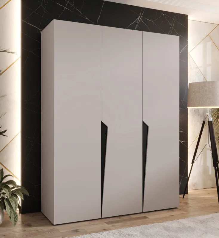 Drehtürenschrank / Kleiderschrank | Farbe: Kaschmir | 3-Türig | Griffe: Schwarz | 2 Fächer | 2 Kleiderstangen | Maße: 150 x 52 x 202 cm | Soft-Close-Funktion