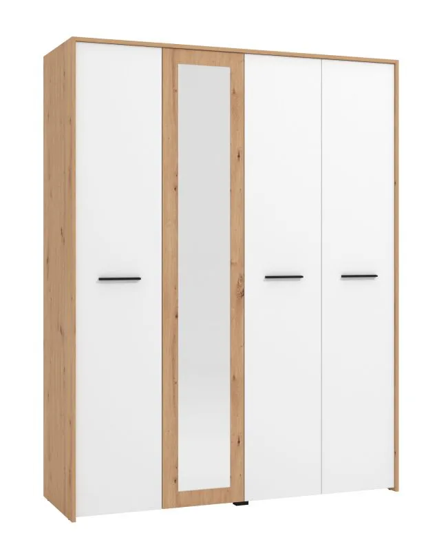 Drehtürenschrank / Kleiderschrank Brus 01, Farbe: Eiche Artisan / Weiß, Spiegeltür, Maße: 203,5 x 157,5 x 53 cm, eine Kleiderstange, sechs Fächer