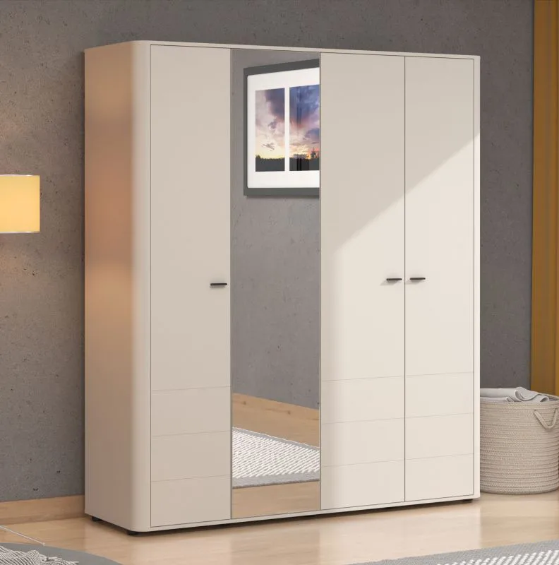 Kleiderschrank | 1 Spiegeltür | Farbe: Kaschmir | 4-türig | Drehtürenschrank | 2 Kleiderstangen | Maße: 179,5 x 56 x 210,5 cm | Griffe: Schwarz | 2 Fächer