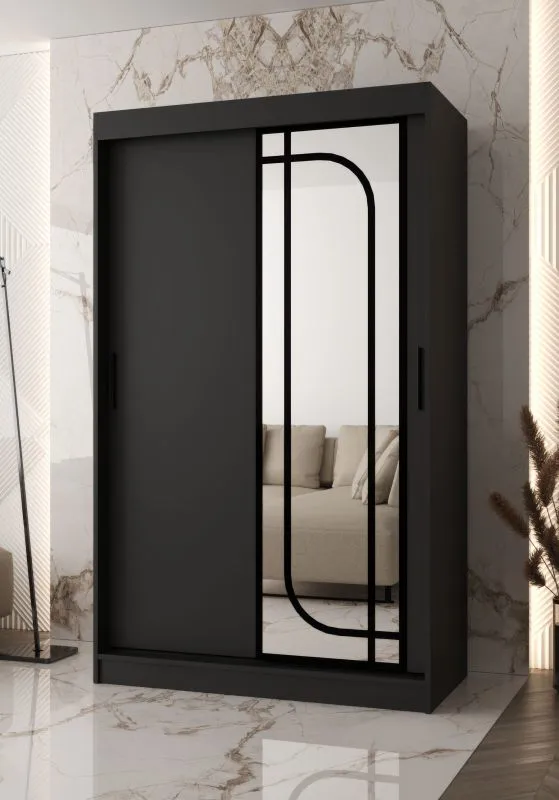 Kleiderschrank | 1 Spiegeltür | Schwarz Matt | 120 x 62 x 200 cm | 2 Kleiderstangen | zuverlässiges Gleitsysteme | 5 Fächer | Moderne Details