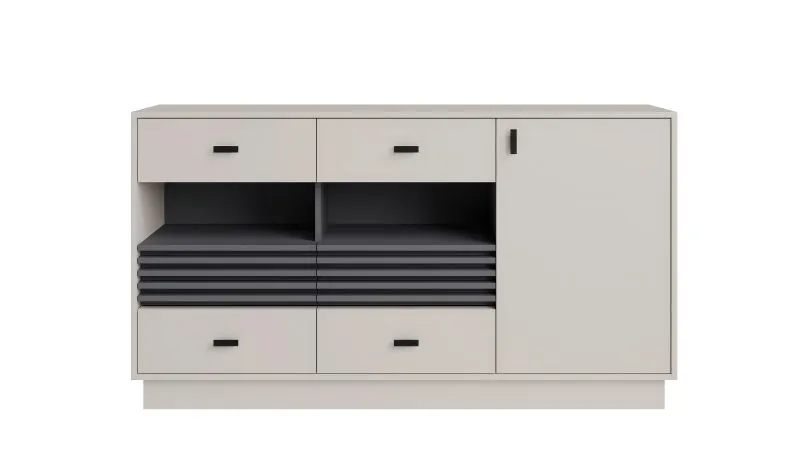 Sideboard mit genügend Stauraum Niel 08, Farbe: Kaschmir, sechs Schubladen, Maße: 85 x 155 x 40 cm, eine Tür, zwei Holzeinlegeböden, fünf Fächer
