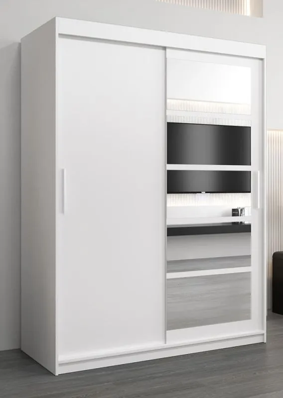 Schiebetürenschrank / Kleiderschrank Aizkorri 03A mit Spiegel, Farbe: Weiß matt - Abmessungen: 200 x 150 x 62 cm (H x B x T)