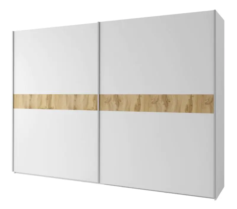 Schiebetürenschrank / Kleiderschrank Agrinio, Farbe: Weiß / Eiche - Abmessungen: 215 x 300 x 65 cm (H x B x T)