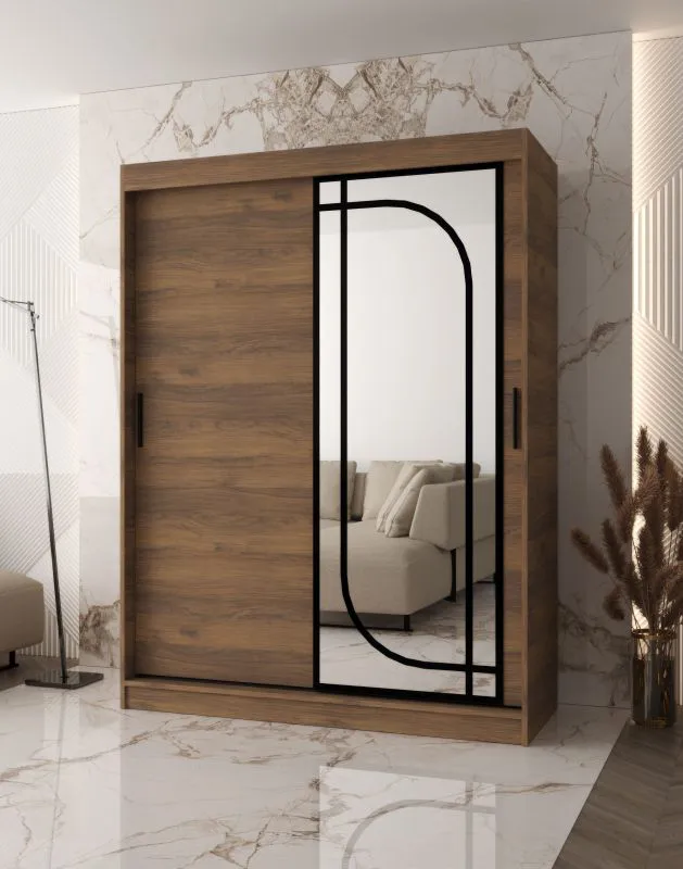 Schiebetürenschrank / Kleiderschrank | Farbe: Walnuss Warmia | 150 x 62 x 200 cm | 2 Kleiderstangen | zuverlässiges Gleitsysteme | 5 Fächer | dekorativer Spiegel