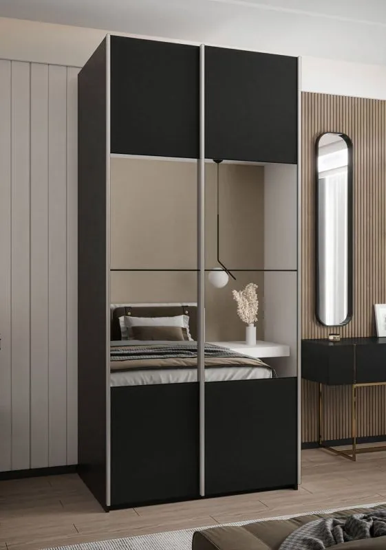Kleiderschrank / Schiebetürenschrank | 2 Kleiderstangen | Farbe: Schwarz | 2 Schiebetüren | Spiegel | Soft-Close | 245,5 x 100 x 64 cm | 6 Fächer