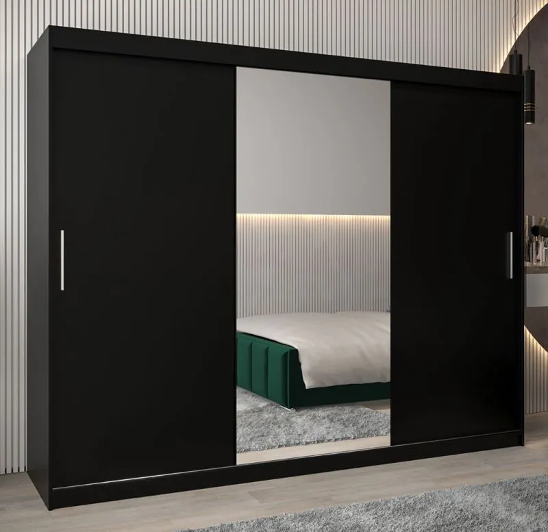 Schiebetürenschrank / Kleiderschrank Bisaurin 6B mit Spiegel, Farbe: Schwarz - Abmessungen: 200 x 250 x 62 cm ( H x B x T)