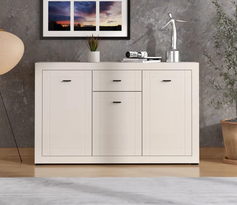 Kommode | 3 Drehtüren | 1 Schublade | Farbe: Kaschmir | 6 Fächer | ABS-Kanten | Maße: 147,5 x 41,5 x 91,5 cm | Sideboard | Griffe & Beine: Metall