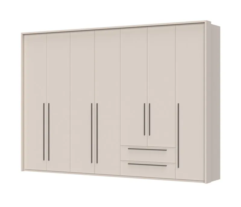 Kleiderschrank mit sieben Türen und Rahmen Neiafu 54, Farbe: Kaschmir, zwei Schubladen, Soft-Close-Funktion, Maße: 226 x 322 x 60 cm, vier Kleiderstangen