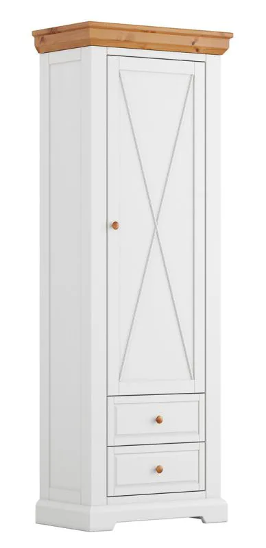 Schmaler Schrank Bresle 14 mit 200 x 70 x 42 cm, Weiß / Natur, aus finnischer Kiefer, 1x Holztür, 2x Schublade, 1x Einlegeboden, Soft-Close-System