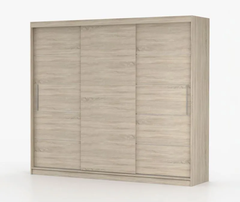2,5 Meter breiter Kleiderschrank / Schiebetürenschrank Eiche | Cevennen 05 | 218 x 250 x 61 cm | 3 Türen | 12 Fächer | viel Stauraum | Einfarbig