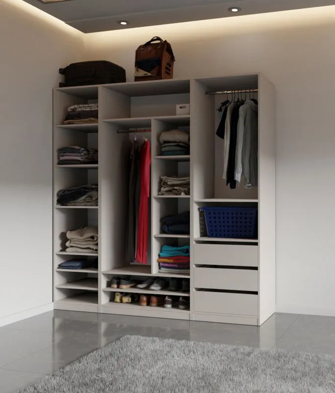 Schrankset für Ankleidezimmer - Set E Cabecao | 3-teilig | Farbe: Kaschmir | offener Kleiderschrank | 3 Schubladen | minimalistisch | 2 Kleiderstangen