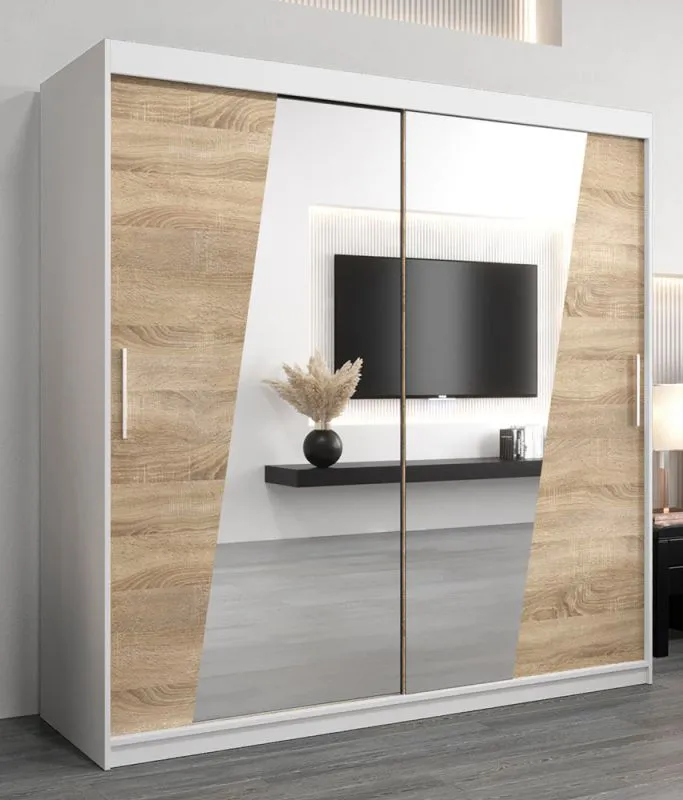 2 Meter breiter Kleiderschrank mit 2 Türen | Farbe: Sonoma Eiche / Weiß Abbildung