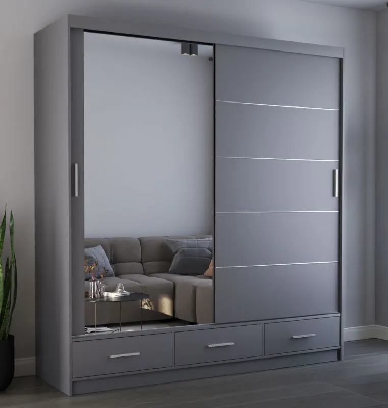 Kleiderschrank / Schiebetürenschrank 2,0 Meter breit | Lusatian 22 | Grau | mit Spiegel | 12 Fächer | 3 Schubladen | 2 Türen | 218 x 203 x 61 cm